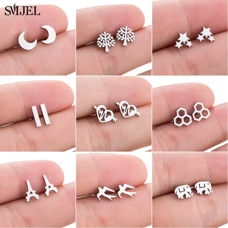 SMJEL Cute Stainless Steel Stud Earrings for Women Girl Fashion Geometric Elephant Bar Crescent Cat Earings Black Jewelry brinco