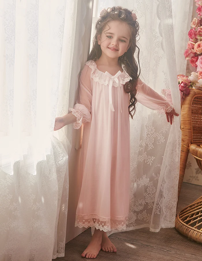 Children Girl Lolita Dress Voile Princess Sleepshirts.Lace Long Sleeve Nightgown.Courtly Style Toddler Kid Nightdress Loungewear