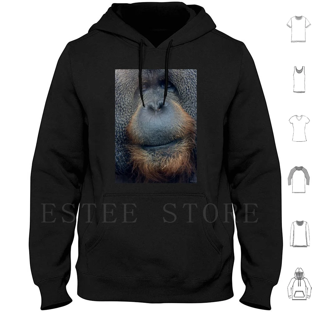 Orangutan Face Hoodies Long Sleeve Orangutan Wildlife Primates Face Brown Grey Beard Eyes Close Up