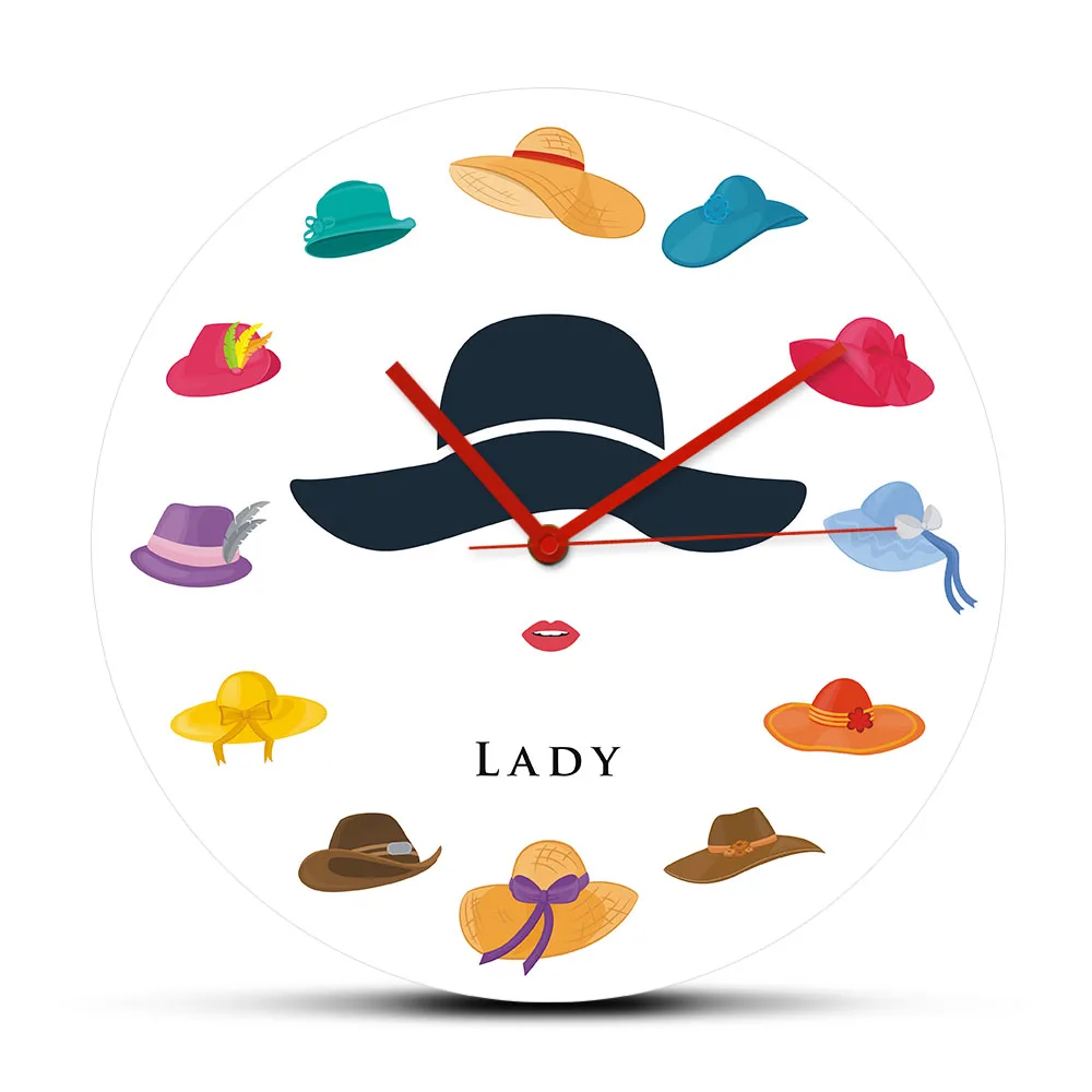 Fashion Lady With Various Hats Decorative Wall Clock Silent Non ticking Wall Watch Hats Shop Wall Sign Custom Business Name