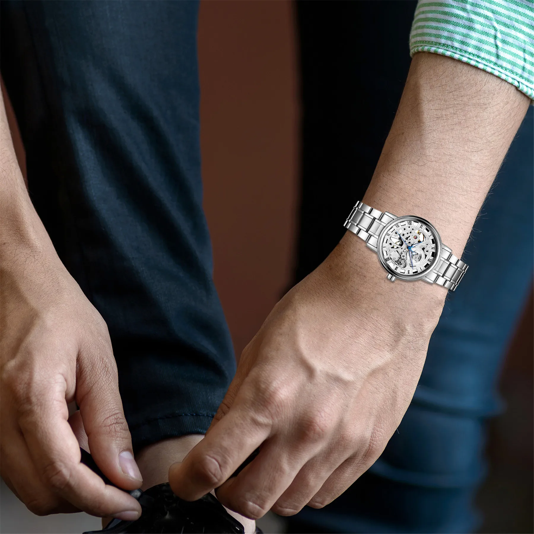 Lancardo Fashion Watch Men Business Bar Scale Stainless Steel Mechanical Wrist Watch Luminous Gear Movement Masculino Relogio