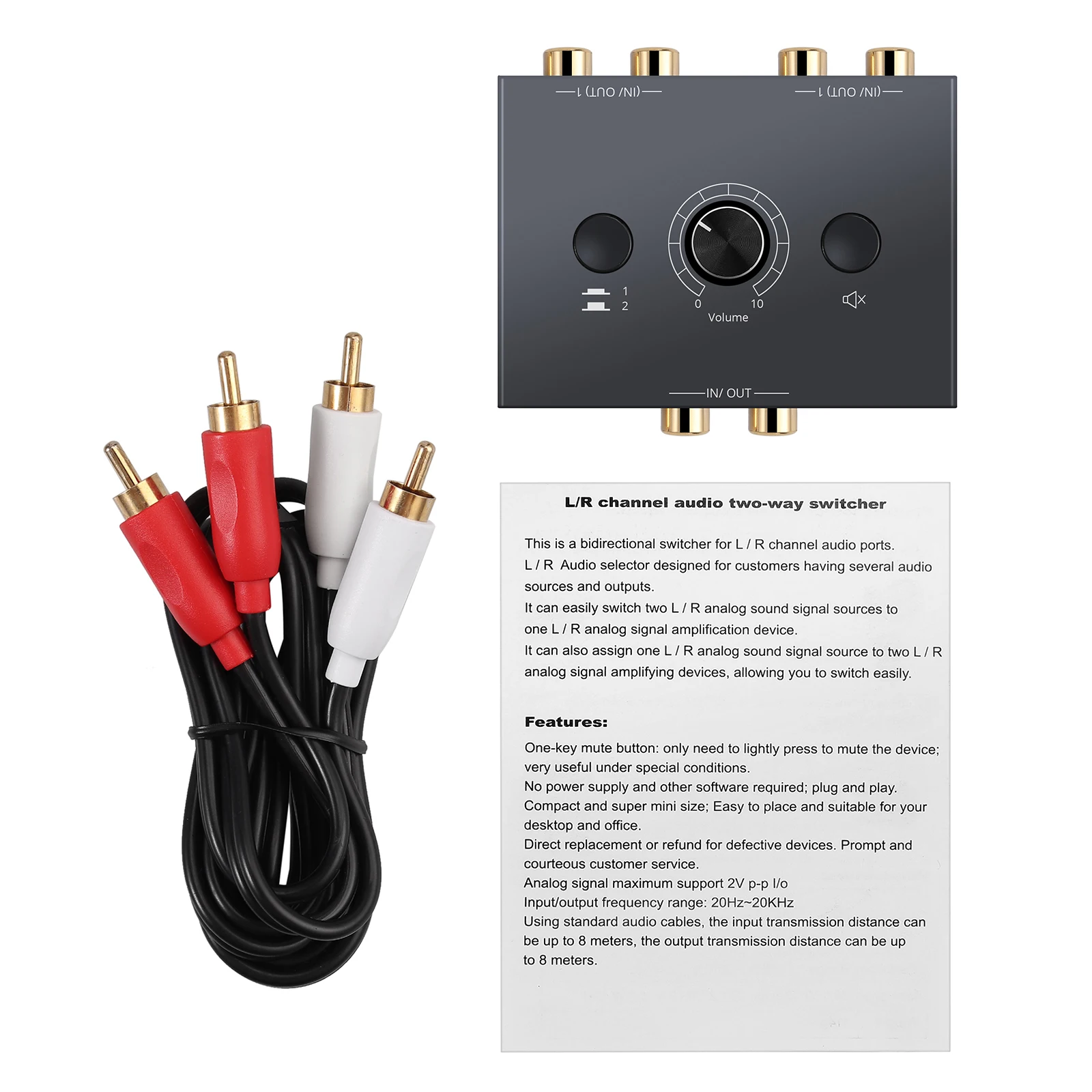 PROZOR 2x1/1x2 RCA Stereo Audio przełącznik Splitter R/L Audio AB dwukierunkowy przełącznik z przyciskiem wyciszania obsługa Plug and Play