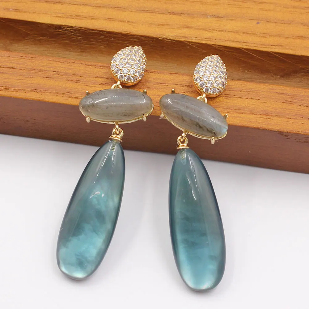 

GG Natural Blue Moss Glass Shell Inside Labradorite Gold Plated CZ Paved Dangle Stud Earrings Handmade For Women