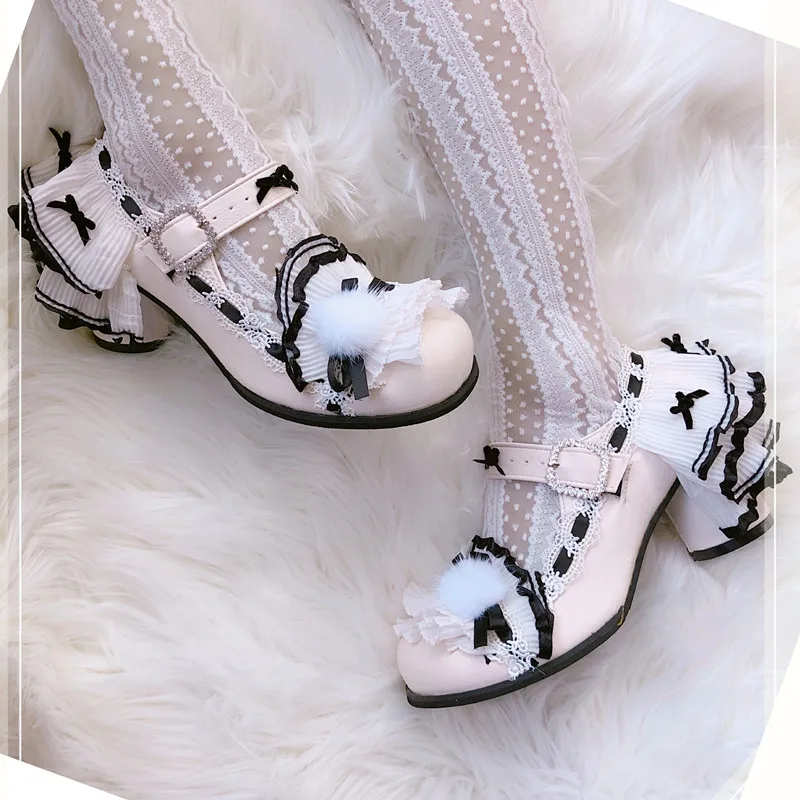 

Lolita style cake shoes shallow mouth thick heel 6cm women's single shoes Mary Jane shoes lace bowknot women shoes loli cosplay