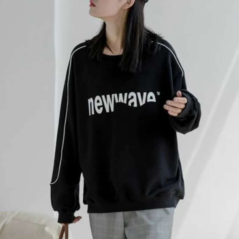 

Hoodies Women No Hat Sweatshirts Pullover O-neck Letters Printed Simple Korean Trendy Big Size 2XL Loose Thicken Velvet New