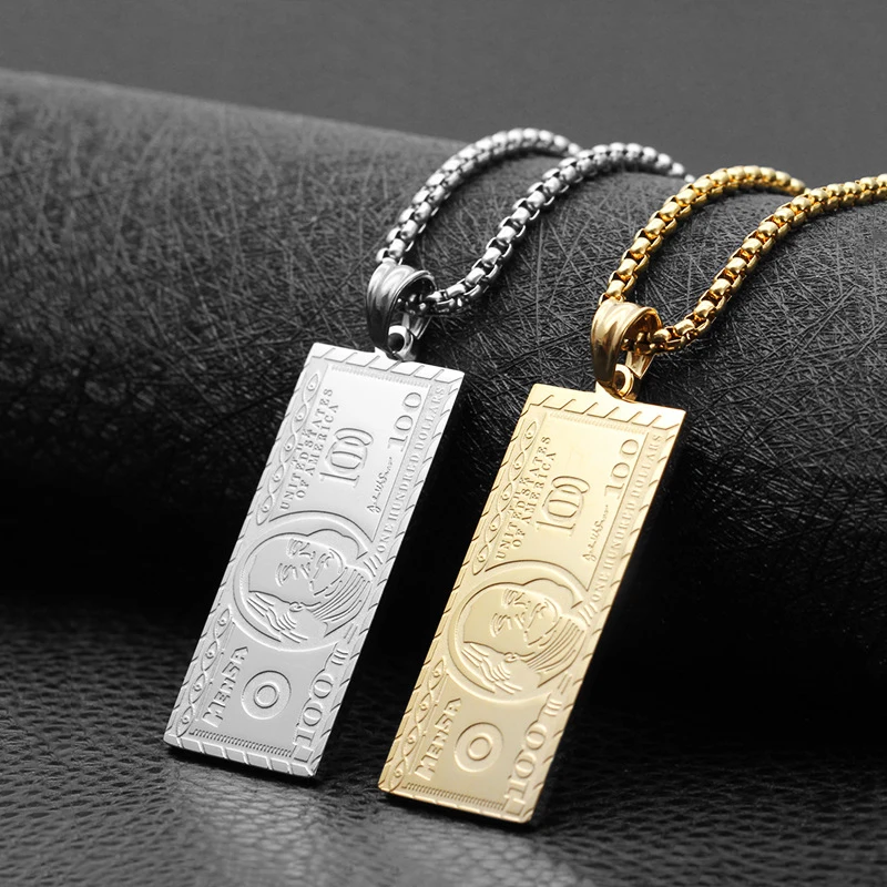 US 100 Dollar Money Stainless Steel Pendant Necklaces Gold Silver Color Chain Sqaure Necklace Men Women Necklace Hip Hop Jewelry