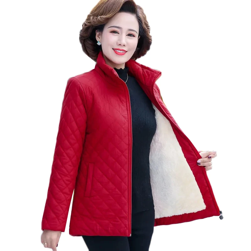 Autumn Winter Jacket Women 2022 New Solid Plus Velvet Cotton Padded Coat  Thin Short Jacket Middle-aged Female Tops