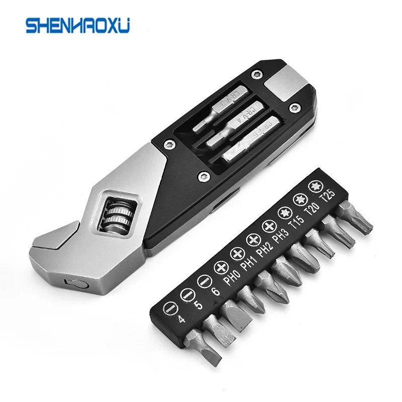 Mini Multi-Function Adjustable Wrench Portable Screwdriver 13 Bits Knife Stainless Steel Outdoor Home DIY Hand Tools