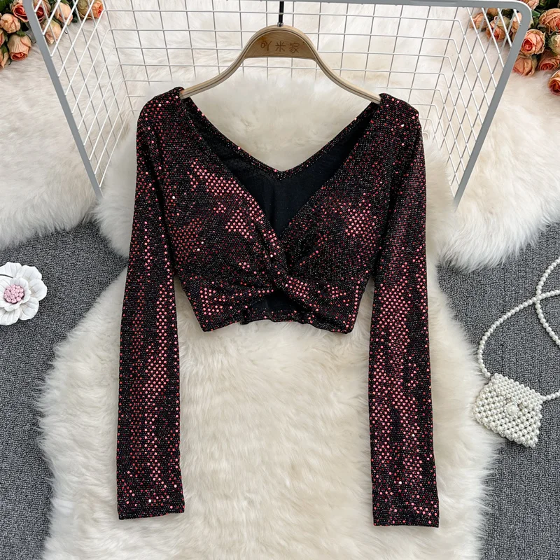 New Fashion Club Street Sequin Kink V-neck Wrinkle Top Women Sexy Slim Shiny Shirt Blouse Girls Short Belly Top Autumn Winter