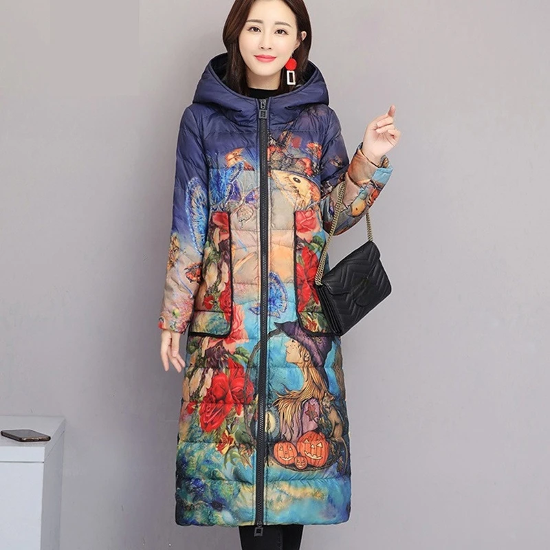 Winter Print Parkas Women X-long White Duck Down Outerwear 2021 Down Jacket Thicken Warm Hooded Coat Female