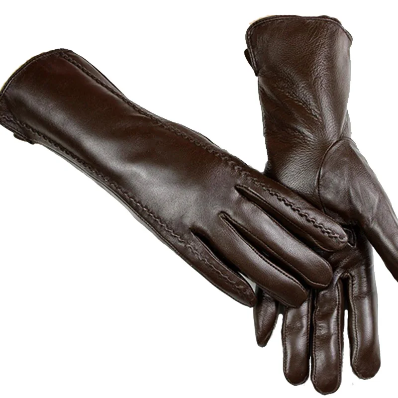 Leather Sheepskin Gloves Women\'s Mid-Length Stripes Plus Velvet Warm Autumn and Winter Windproof Free Shipping