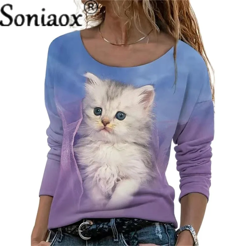 

Fashion Ladies Shirts O Neck Long Sleeve Gradient Cats Print 3D Loose Blouse T-Shirt Top 2021 New Casual Tops Women's Clothing