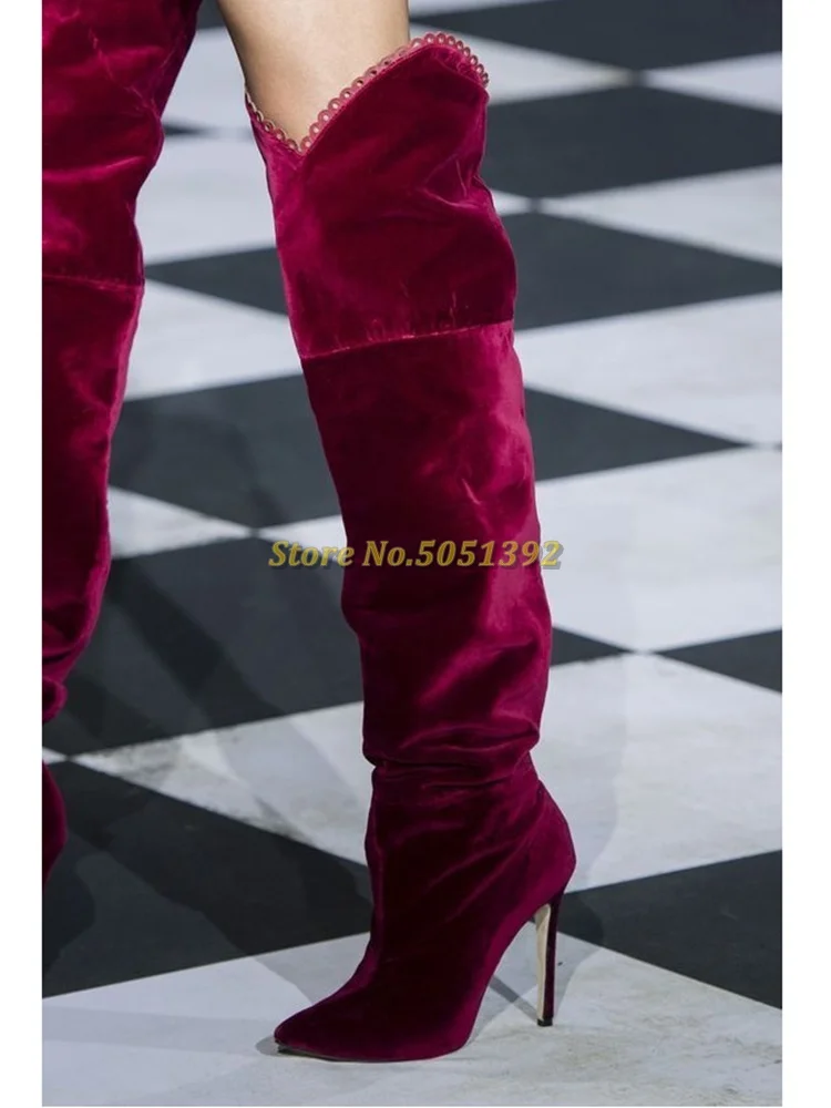 

Burgundy Velvet Slouchy Slip On Thin High Heel Boots Sexy Pointed Toe Fashion Runway Winter Boots Custom Made Dress Party Shoes