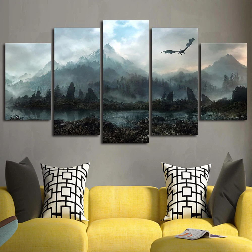 Obrazy na ścianę na płótnie Home Decor 5 sztuk gra o tron Dragon Skyrim obrazy do salonu modułowe wydruki plakat ramki