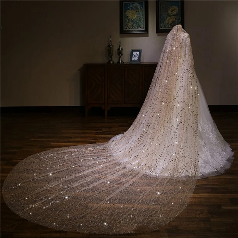 New Arrival Sequine Lace Champagne Veil 3 Meter Long Bridal Veil Welon slubny bruiloft Veu de noiva longo Long Wedding veils