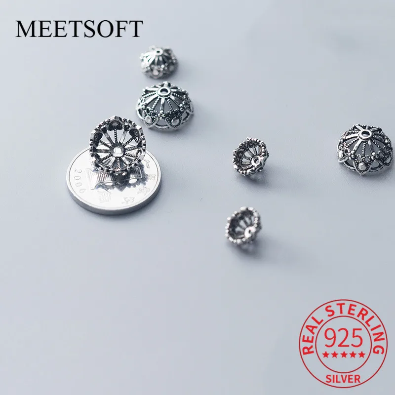 

MEETSOFT винтажные шапочки из серебра 925 пробы с полыми бусинами и цветами, шармы «сделай сам», Изящные Ювелирные изделия ручной работы, оптовая продажа, аксессуары, подарок