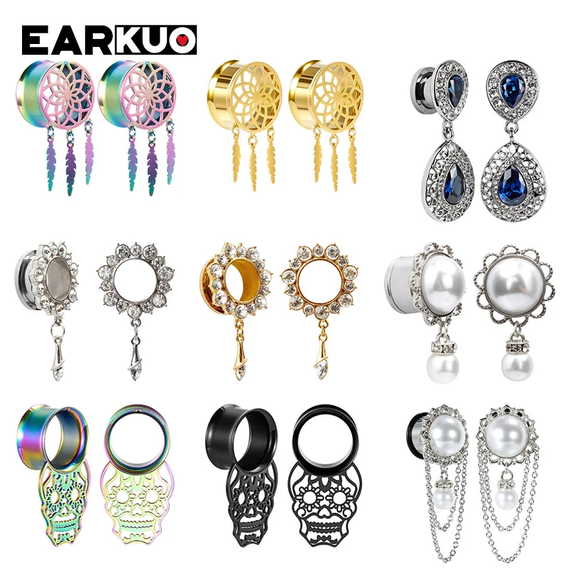 EARKUO Fashion Pearl Dream Catcher Dangle Ear Tunnels Body Piercing Jewelry Crystal Zircon Earring Gauges Plugs Expanders 2PCS