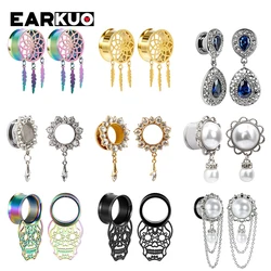 EARKUO Fashion Pearl Dream Catcher Dangle Ear Tunnels Body Piercing Jewelry Crystal Zircon Earring Gauges Plugs Expanders 2PCS