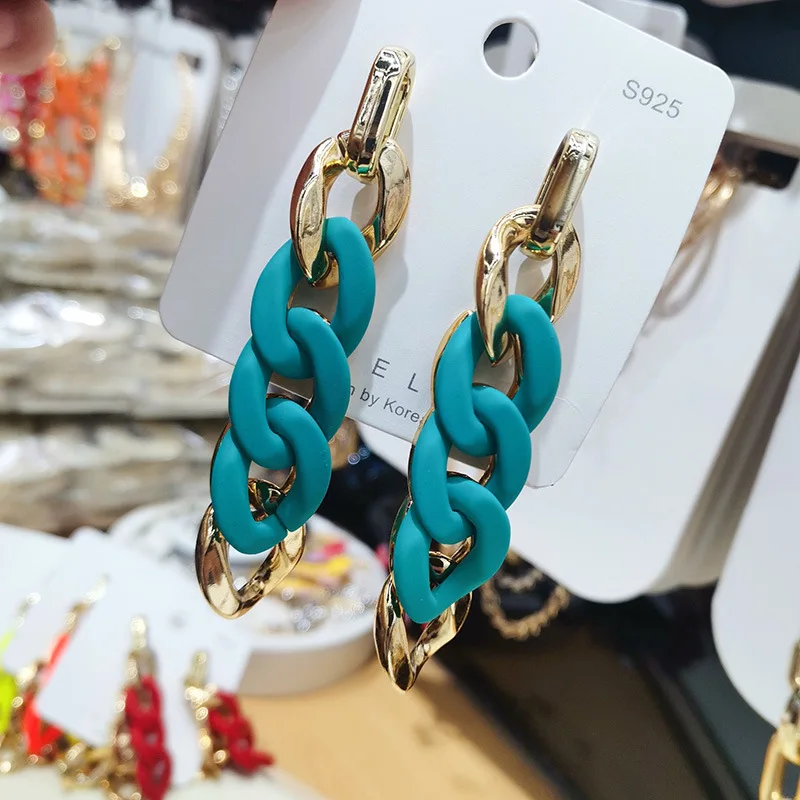 2024 موضة ملونة ربط الاكريليك إسقاط أقراط للنساء الذهب اللون سلسلة طويلة هندسية استرخى أقراط مجوهرات بسيطة هدية #4