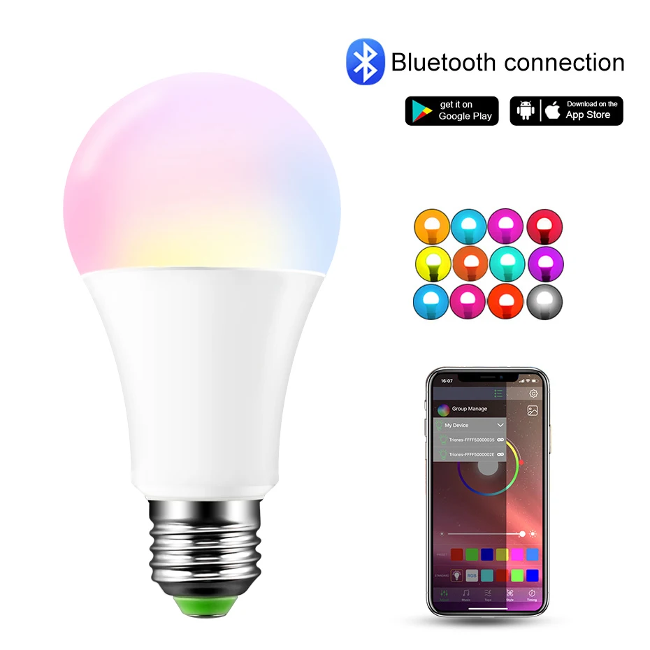 

Ampoule LED E27 Wireless Bluetooth Smart Bulb 15W 85-265V RGBW RGBWW B22 RGB Light Bulb Music Voice Control 20 Modes LED Light