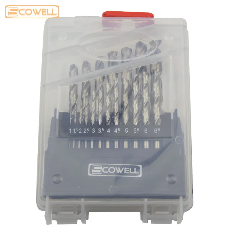 SCOWELL 19 pz Punte elicoidali in acciaio ad alta velocità a terra piena Set 1.0 ~ 10mm HSS P6M5 Jobber Punta da perforazione Punte per metallo Foro aperto