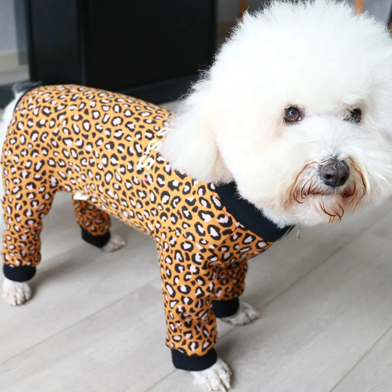 Pet Dog Jumpsuit Wool 100%Cotton Puppy Clothes Leopard Printed Overalls Protect Belly Pajamas For Small Dogs Chihuahua Home Wear