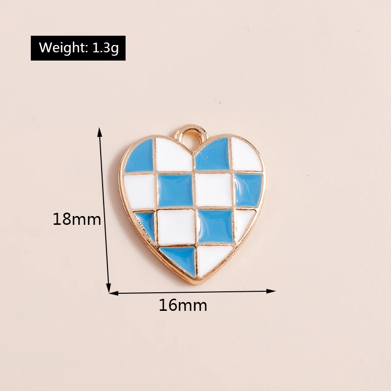 10pcs Fashion Enamel Colorful Plaid Checkerboard Hearts Charms for Diy Jewelry Making Pendants Keychain Earrings Accessories