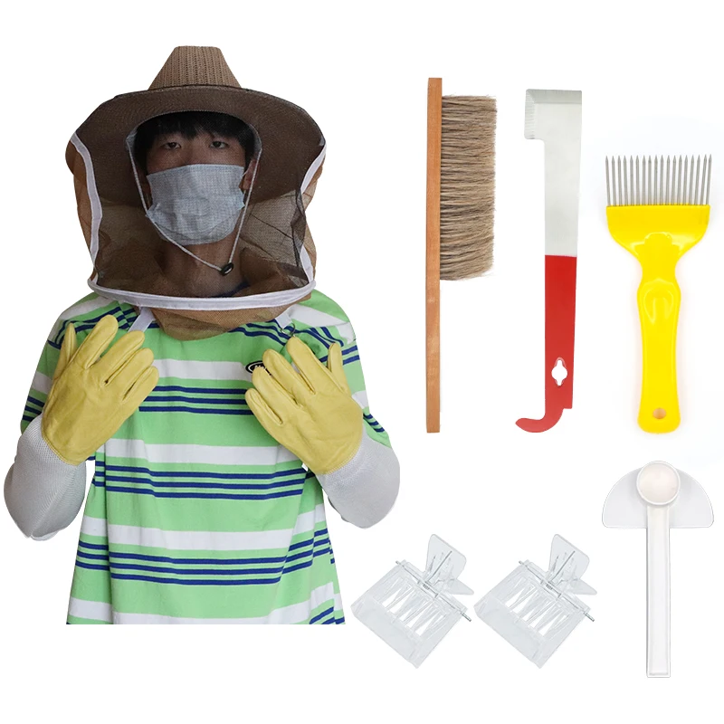 8Pcs/set Beekeeping Bee Hive Tools Anti-Bee Hat Beekeeper Gloves Protective Sleeves J Hook Fork Apicultura set Equipment