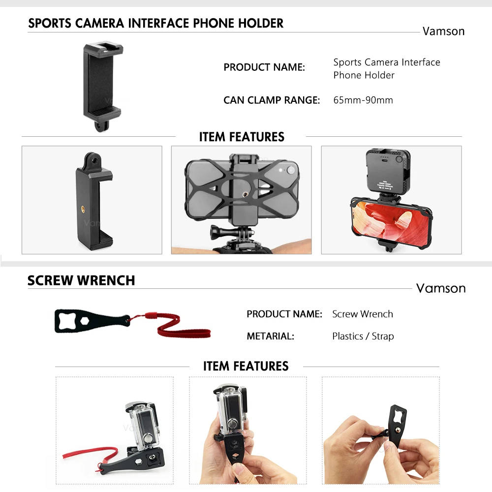 Vamson for iPhone 13 Xiaomi 360 Degree Rotary Backpack Clip Mount for Samsung Huawei for GoPro 12 11 10 9 8 7 Yi 4K DJI Insta360