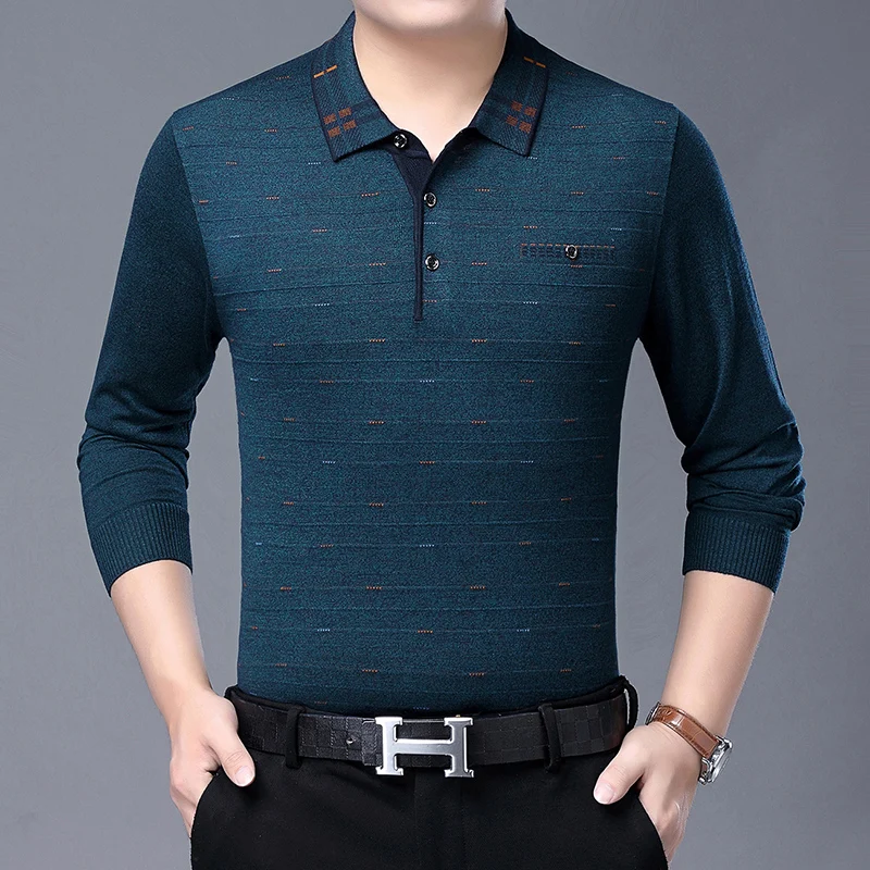 Man Thin Wool Sweater Casual Male Buttons Jumper Plaid Turn-Down Collar Striped Knit T Shirts