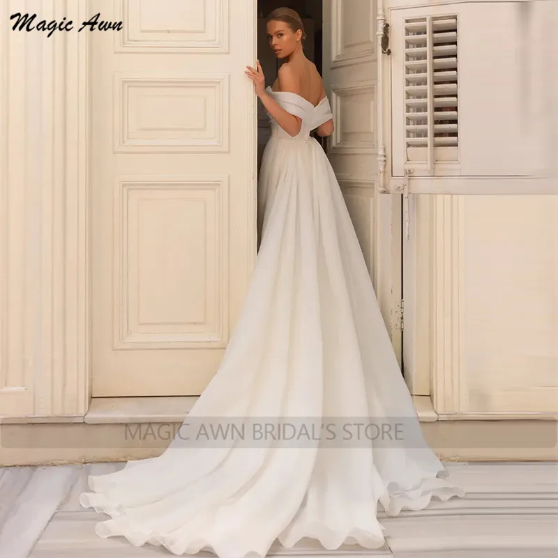 Magic Awn Off The Shoulder abiti da sposa a sirena treno in Organza trasparente semplice abito da sposa bianco Boho abiti con spacco laterale