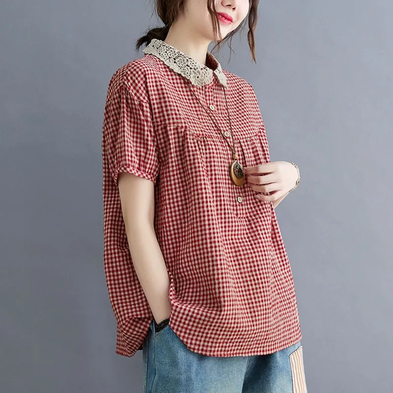 Camisa de linho e algodão xadrez estampado feminino, estilo vintage, Peter Pan Collar, Tops femininos soltos, casual, verão, novo, 2021, S3791