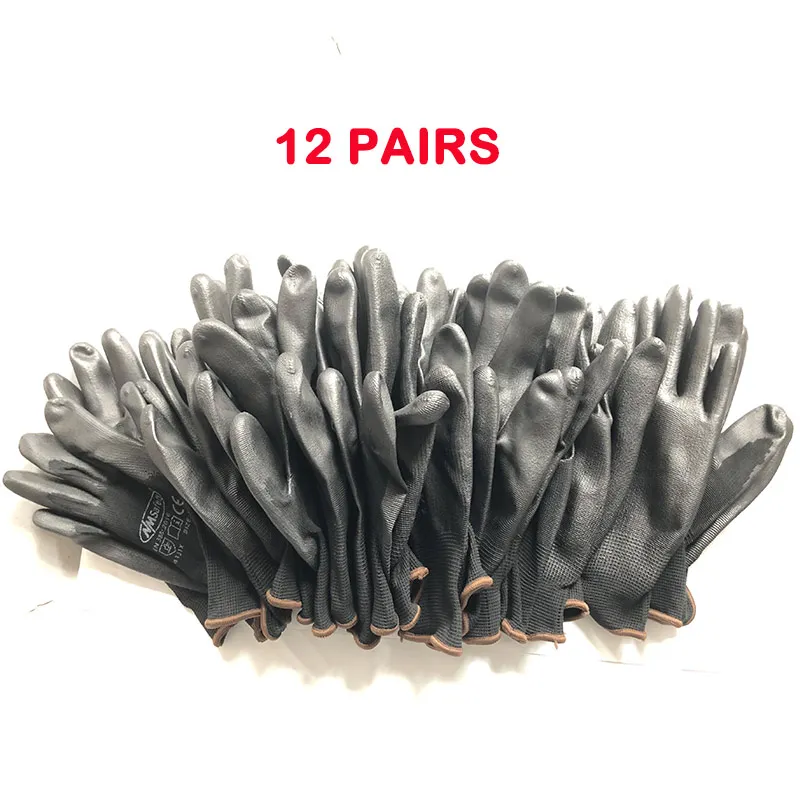 

Work Gloves Men Pu Safety Protective Glove Black Nylon Cotton Household Garden Gloves Labor Work Lot 12 Pairs NMSafety Brand