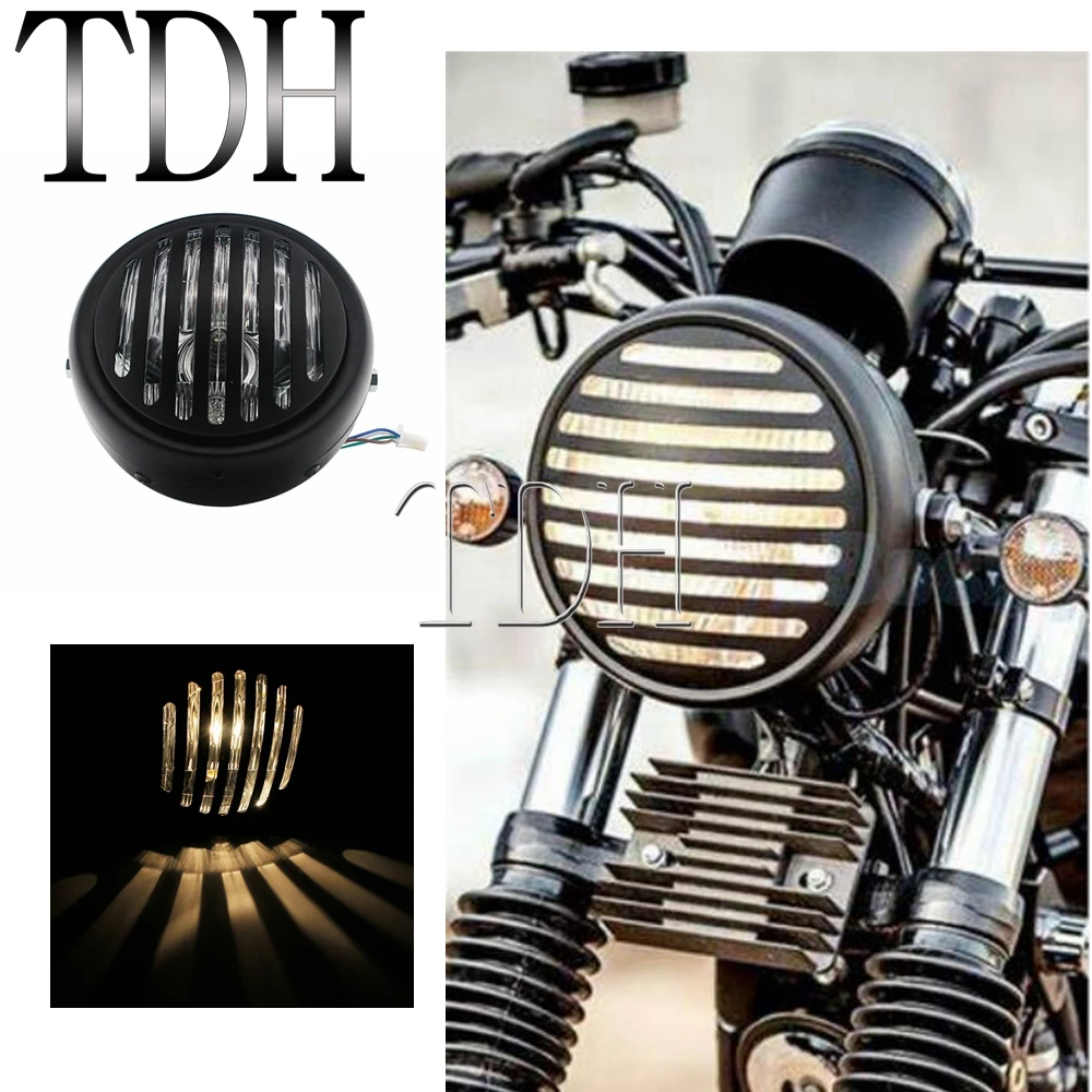 Universal Vintage Round Lamp Motorcycle Prison Grill Guard Headlight Retro Front Light For CG125 GN125 Cafe Racer Bobber Custom