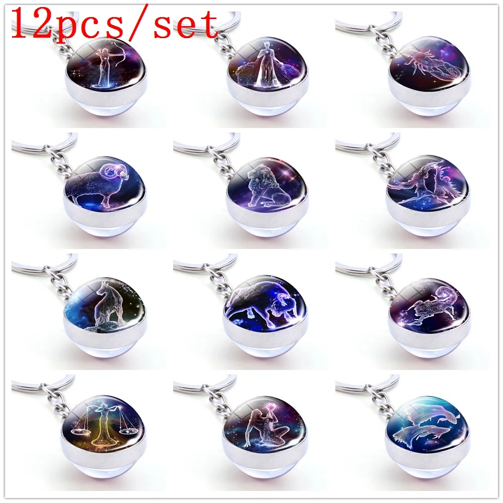 12 Pcs/set Constellation Set Keychain Zodiac Signs Keyrings Double Side Glass Ball Key Chain for Women Men Party Vacation Gifts