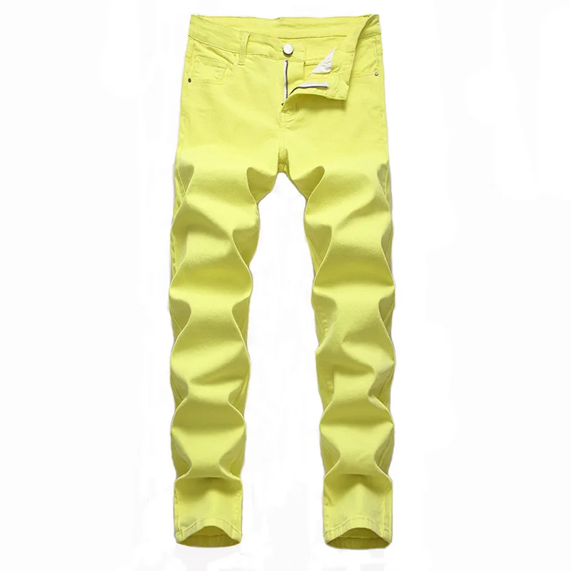 Calças de brim casuais magros dos homens novos ajuste fino calças de brim estiramento para tamanho masculino cor sólida