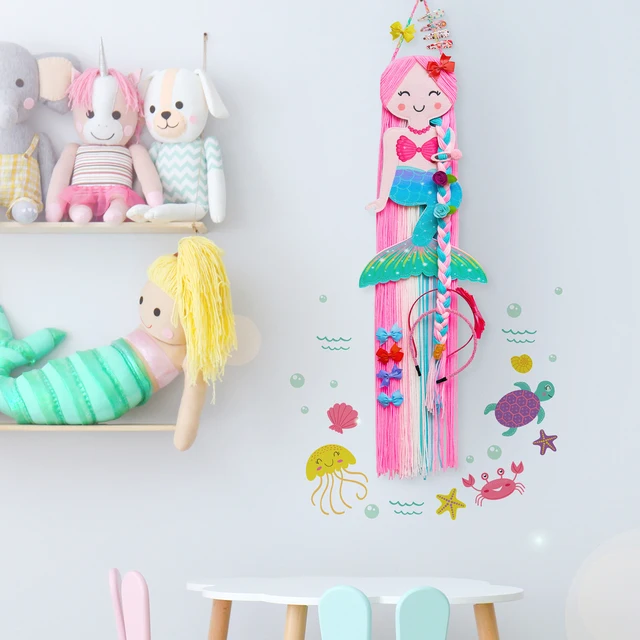 Colorful Mermaid Storage Tassel Decor Hanger Hanging Wall Headwear Organizing Strip Cute Hair Clips Hairband Organizer For Girls