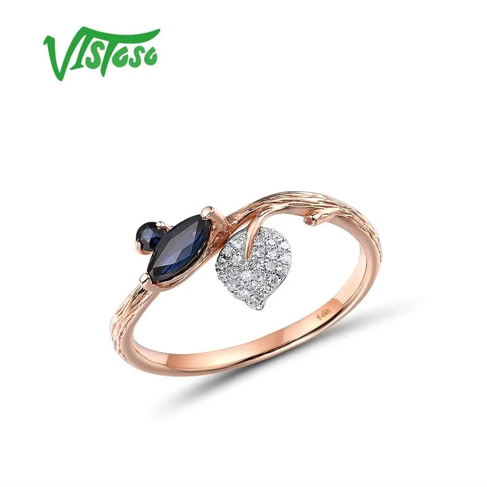 VISTOSO Pure 14K 585 Rose Gold Ring For Women Ring shining Diamond Blue Sapphire Luxury Wedding Engagement Elegant Fine Jewelry