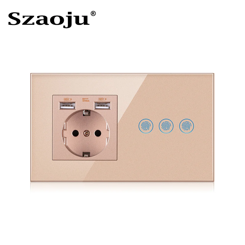 Szaoju Przełącznik czujnika dotykowego z gniazdem USB zasilania UE Panel ze szkła kryształowego Białe czarne złoto Gniazdo ścienne z włącznikiem światła 1/2/3Gang