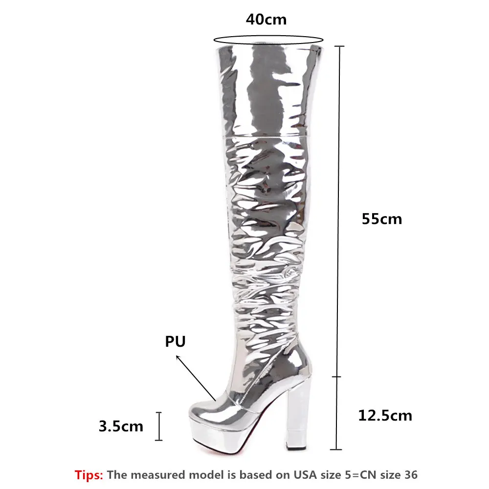 MILI-MIYA Sexy Women Silver Mirror Thigh High Boots Platform Hoof Heels Fashion Club Party Over The Knee Long Shoes For Ladies