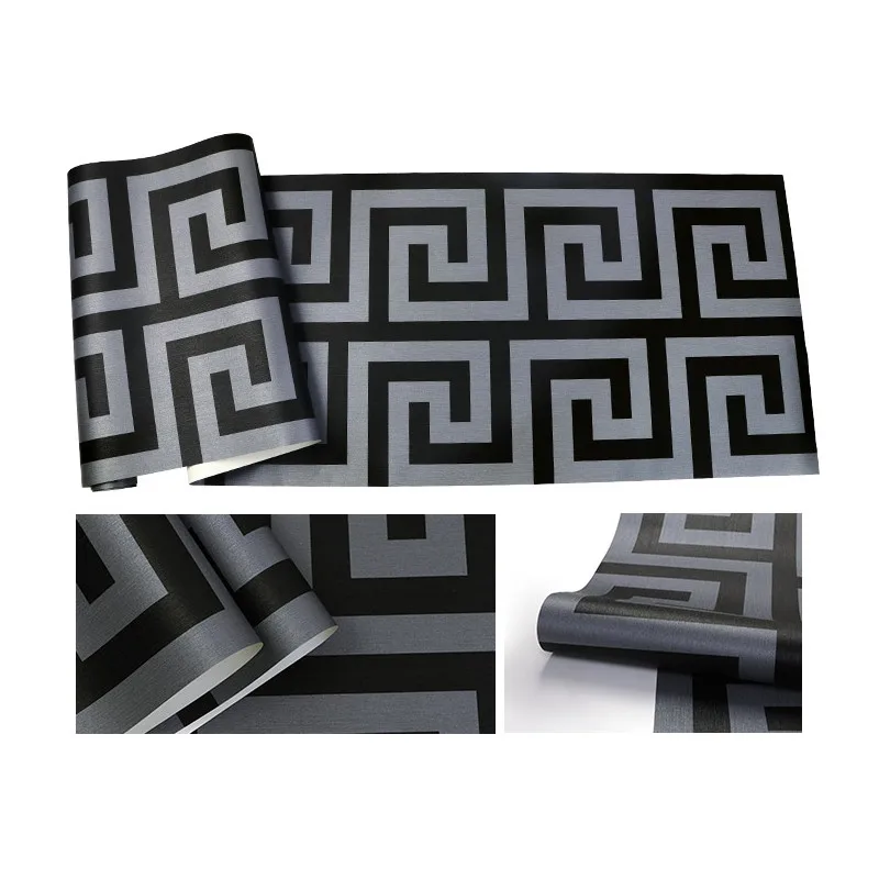 Geometric Wall Papers Black Grey Luxury Satin Effect Large Greek Key Wallpaper Living Room Background Decor