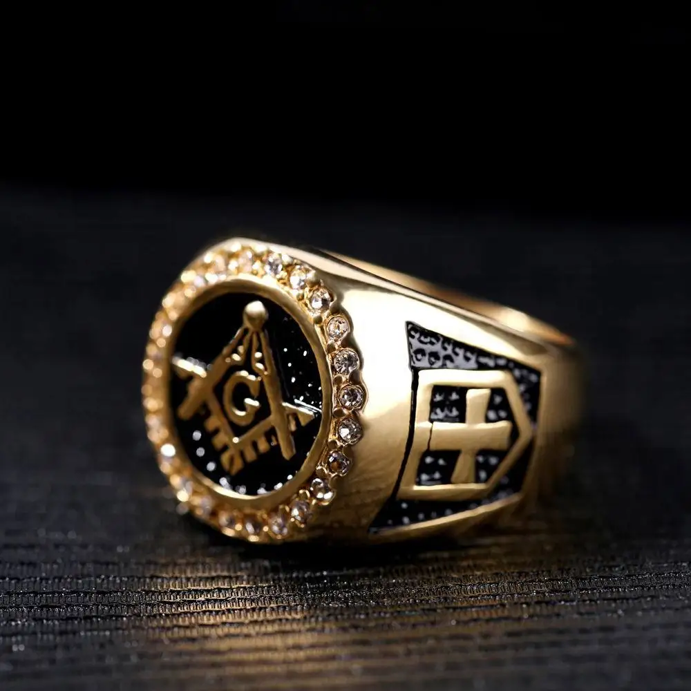 Hot sale Fashion Jewelry Men Vintage Charm Mason Freemason Masonic Rings Punk Stainless Steel Gold Color Ring For Mens Jewelry