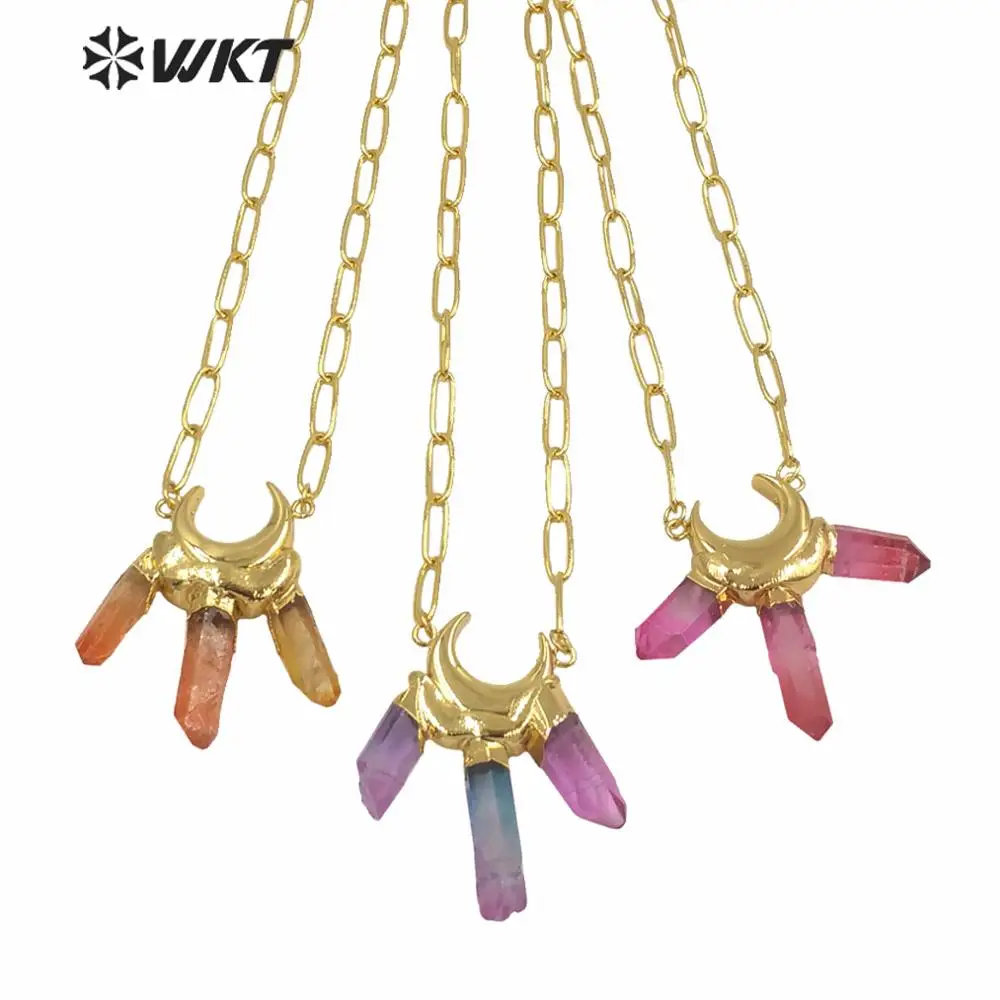 

WT-N1251 Luxury Triple Color Quartz Pendant Stone Necklace New Rainbow Colorful Aura Quartz Statement Stone Necklace Gift