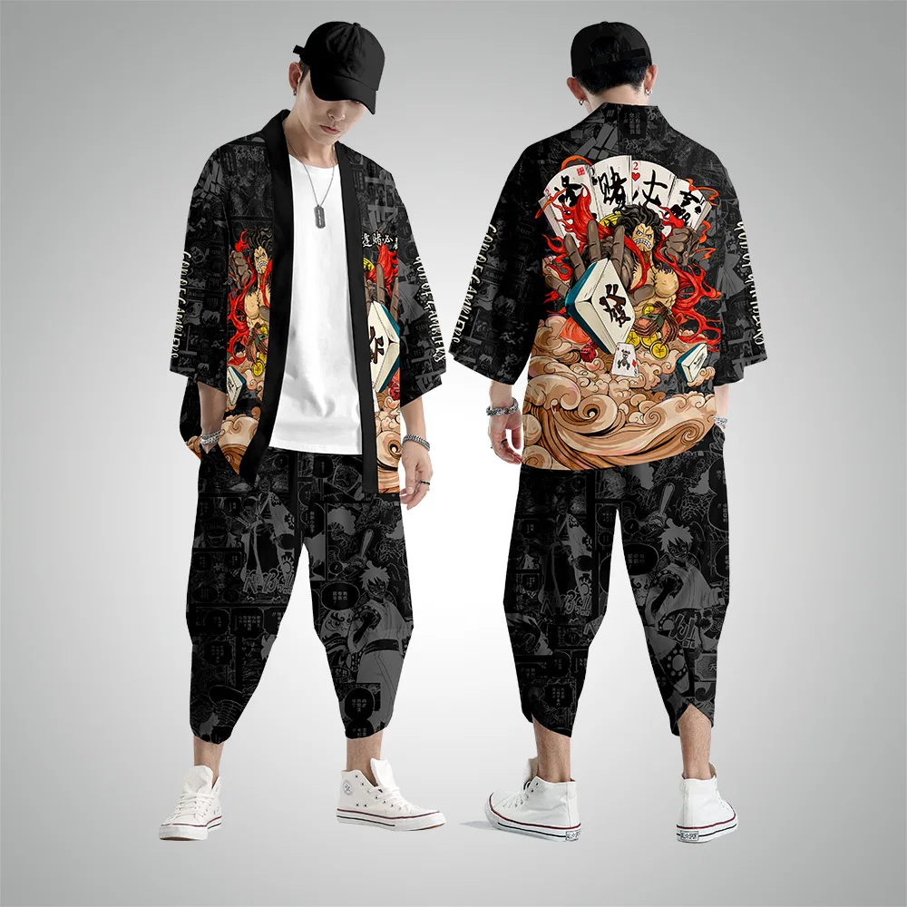 Summer Japanese Black Print Kimono Men Jacke Top Blouse Loose Kimono Casual Fashion Coat And Pant Oversize 6XL