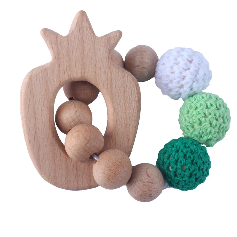 New 1PC Wooden Teether Rabbit Elephant Crochet Beads Wood Crafts Ring Engraved Bead Baby Teether Wooden Toys For Baby Rattle