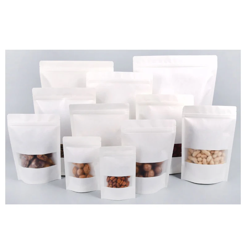 Custom Logo White Kraft Paper Stand Up Zip Lock Packaging Bag With Window, Spice,Tea Nuts,Candy,Biscuits,Pouch