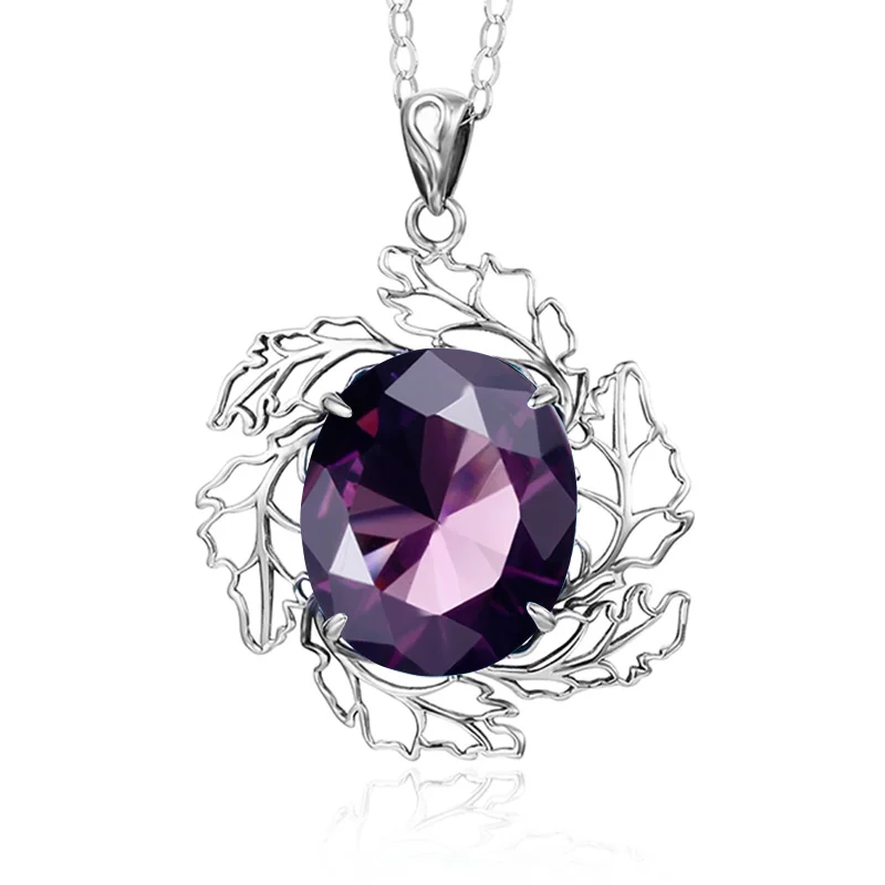 100% 925 Sterling Silver Pendant Women Creative Flower Silver Gemstone Pendant Round Purple Amethyst Love Stone Wedding  Jewelry