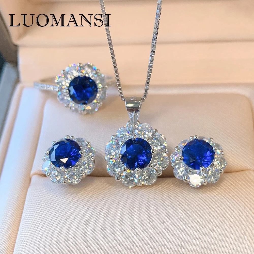 Luomansi 100%-S925 Silver Vintage Jewelry Set 7mm Natural Sapphire Topaz Ring/Earring/Pendant Necklace Wedding Jewelry Set