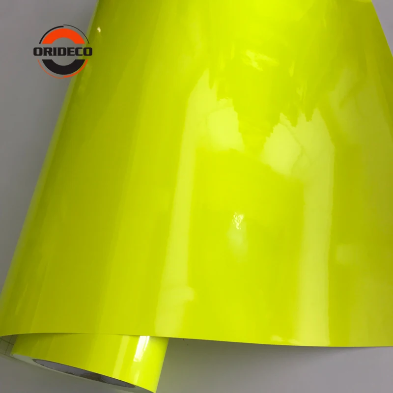 20/10/30/40/50*152CM rotolo di foglio di pellicola per avvolgimento per auto in vinile giallo fluorescente al Neon lucido con bolle d'aria libere