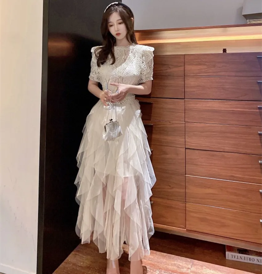 JSXDHK New Runway Designer Summer Dress Fashion women\'s manica corta in pizzo Patchwork Mesh Layers Ruffles Ball Gown abiti lunghi